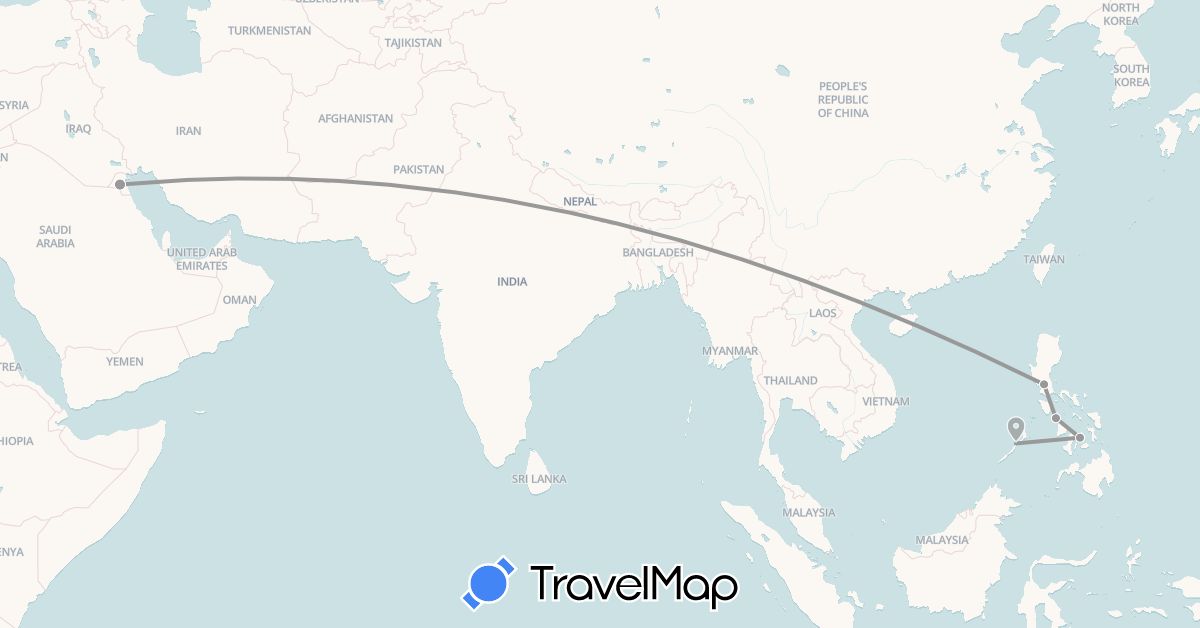 TravelMap itinerary: driving, plane in Kuwait, Philippines (Asia)